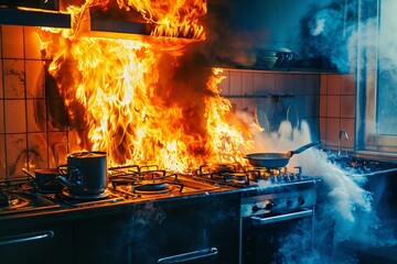 Detailed shot contemporary kitchen on fire flames raging inferno destruction 01 - obrazy, fototapety, plakaty