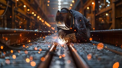 Welder at Work: Sparks of Precision in Industrial Symphony. Concept Industrial Symphony, Precision Welding, Art of Sparks, Metal Fabrication, Welding Techniques - obrazy, fototapety, plakaty