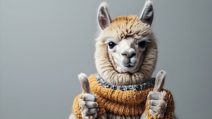 Fototapeta premium Cheerful Alpaca in Sweater Gestures Approval with Room for Text. Concept Animals, Alpaca, Sweater, Approval, Typography