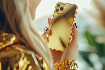 Close-up shot smiling person holding golden phone hand luxury technology modern communication 01 - Powered by Adobe