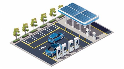 An isometric view of a gas station featuring a modern charging column for electric vehicles