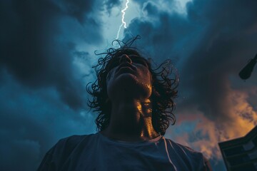 Close-up shot person under lightning storm expression awe reverence fear atmospheric dramatic 02 - obrazy, fototapety, plakaty