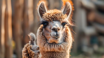 Obraz premium Charming Alpaca Approves with a Thumb Up!. Concept Alpaca Ambassador, Cute Animal Poses, Thumbs Up, Collaboration Shoots, Animal-Themed Props
