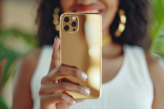 Close-up shot smiling person holding golden phone hand luxury technology modern communication 02