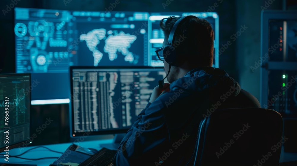 Poster Cybersecurity Expert Monitoring Network Activity at Night