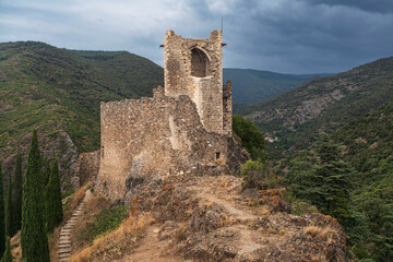 Ruins of the medieval castle of Lastours, in the Cathar region of southern France - 785692503
