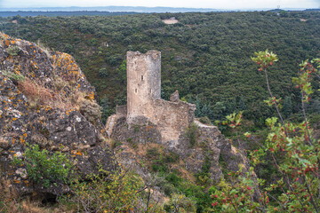 Ruins of the medieval castle of Lastours, in the Cathar region of southern France - 785692535