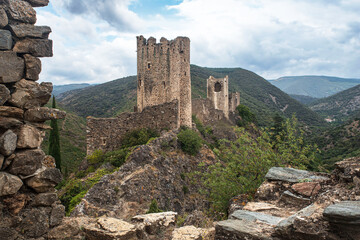 Ruins of the medieval castle of Lastours, in the Cathar region of southern France - 785692541