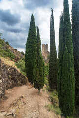 Ruins of the medieval castle of Lastours, in the Cathar region of southern France - 785692544