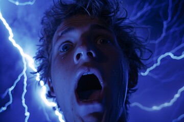 Close-up person shocked lightning storm intense emotion fear awe atmospheric dramatic 01