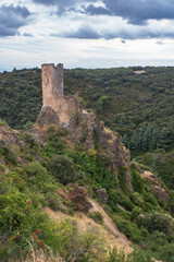 Ruins of the medieval castle of Lastours, in the Cathar region of southern France - 785692576