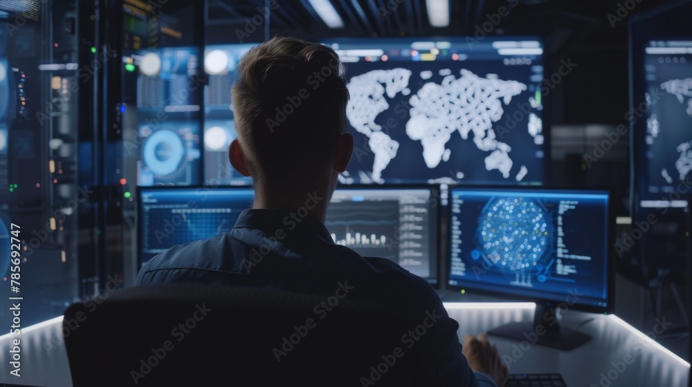 Poster Network Security Expert Monitoring Global Data in a Dark Control Room