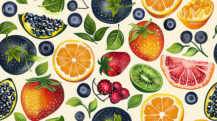 seamless pattern of hand painted illustrated fruits, oranges, strawberries, berries, kiwis