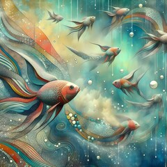 Chinese fine art prints feature fish floating in the air along with glistening dew drops. - obrazy, fototapety, plakaty