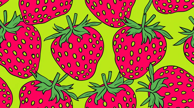 seamless strawberries pattern on green background, pop art style