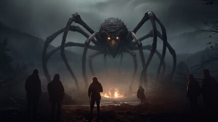 A giant arachnid monster towering over a group of people gathered around a fire. The people are dressed in dark cloaks with hoods, and the fire emits a warm orange glow. - obrazy, fototapety, plakaty