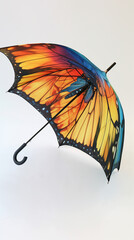 Vibrant butterfly pattern umbrella open against white backdrop. Perfect for design elements in advertising and decor inspiration.