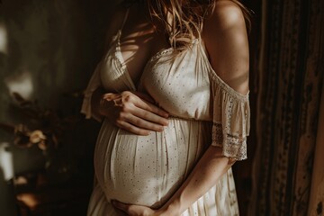 Close-up of a pregnant woman's belly, delicate lighting, serene smile, hands cradling her bump 01 - obrazy, fototapety, plakaty