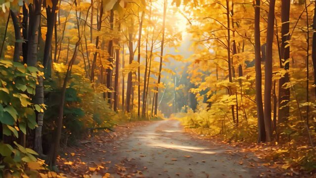 A dirt road winds its way through the dense trees of a forest, creating a captivating scene of nature, Bright, colorful autumn forest with a wandering path
