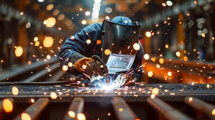 Welder at Work: Precision and Sparks in Industrial Symphony. Concept Industrial Symphony, Precision Welding, Sparks Flying, Metal Fabrication, Welding Techniques - obrazy, fototapety, plakaty