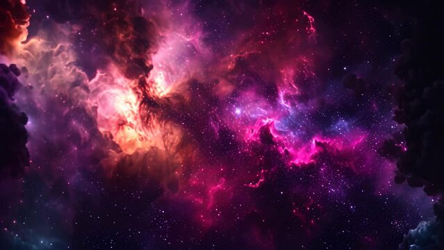 A vibrant and visually stunning space filled with a multitude of colorful stars and billowing clouds, Brightly colored space nebula set against a dark backdrop