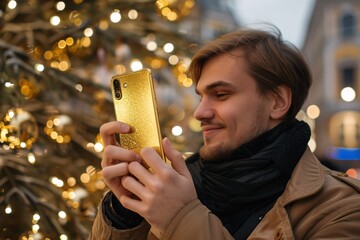 Captivating scene smiling person holding golden phone hand prestigious device luxury lifestyle 02 - obrazy, fototapety, plakaty