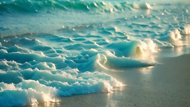 A detailed view of a wave crashing and creating foam as it breaks on a sandy beach, Calming picture of gentle waves lapping at the shore