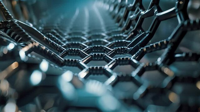 This close-up photo captures the intricate details of a metal structure composed of hexagonal shapes, Carbon nanotubes in electronics