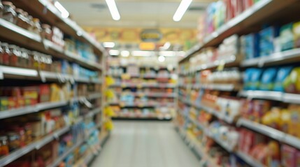 Fototapeta premium Blurry scene of a deserted grocery aisle without people around 01