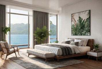 bedroom interior is modern design white with plants and pillows and a window of ocean view