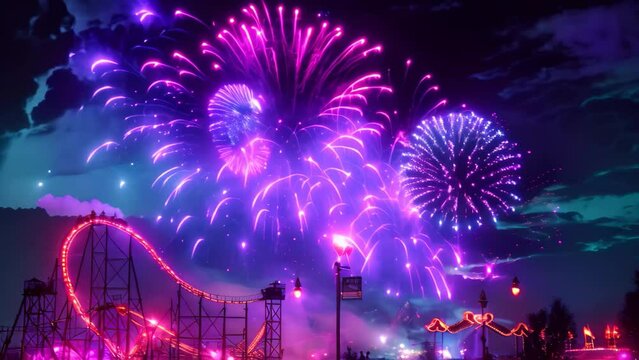 Colorful fireworks light up the sky as they explode above a thrilling roller coaster, creating a stunning spectacle, Celebratory fireworks display over an amusement park