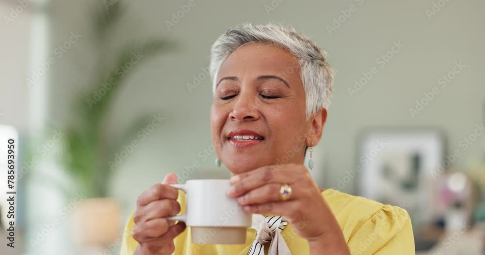 Canvas Prints Old woman, coffee and relax morning in home for calm weekend with warm drink for resting, peace or aroma. Female person, smile and smelling caffeine in apartment for holiday, retirement or comfort