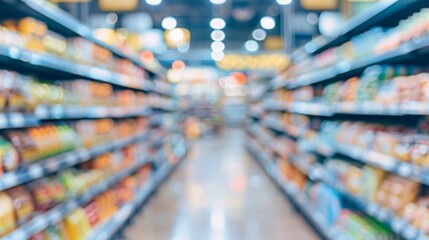 Fototapeta premium Blurred view of an empty supermarket aisle in the image