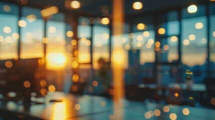 Blurred view of a modern office without anyone inside at sunset 01