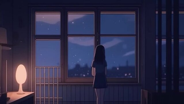 Animation of a girl at the window at sunset. lo-fi music background. Anime style
