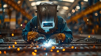 Masterful Welder at Work in Industrial Symphony. Concept Metal Fabrication, Industrial Design, Welding Techniques, Creative Metal Art, Welding Safety