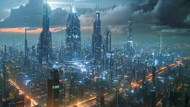 A photograph capturing the urban landscape at night, showcasing numerous towering buildings, Cities of the future with advanced technology