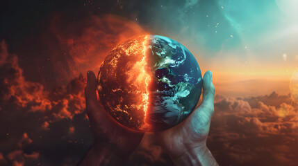 Deux mains humaines tenant une moitié de la planète Terre gelée et une autre moitié en train de fondre, changement climatique et conditions météorologiques extrêmes - obrazy, fototapety, plakaty