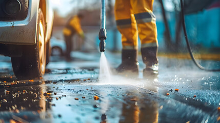 Worker using pressure washer to clean driveway, spray dirt maintenance pavement water surface - obrazy, fototapety, plakaty