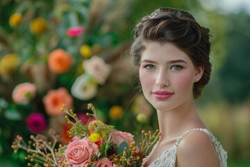 Naklejka premium Vintage wedding portrait of a young woman, her vibrant bouquet adding a pop of color to the timeless elegance of the scene 03