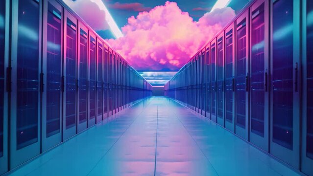 A long hallway in a bustling data center filled with rows of servers humming with activity, Cloud storage illustrated as an endless sky