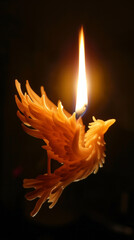 Phoenix candle burning brightly in the dark, representing hope and renewal, suitable for creative storytelling or conceptual art.