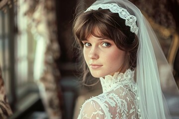 Vintage 70s wedding portrait of a young woman, her attire reflecting the fashion and style of the era 01