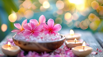 Salt in a wooden bowl with pink flowers and candles on a table
