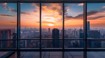 A high-rise penthouse with floor-to-ceiling windows offering breathtaking cityscape views. - obrazy, fototapety, plakaty