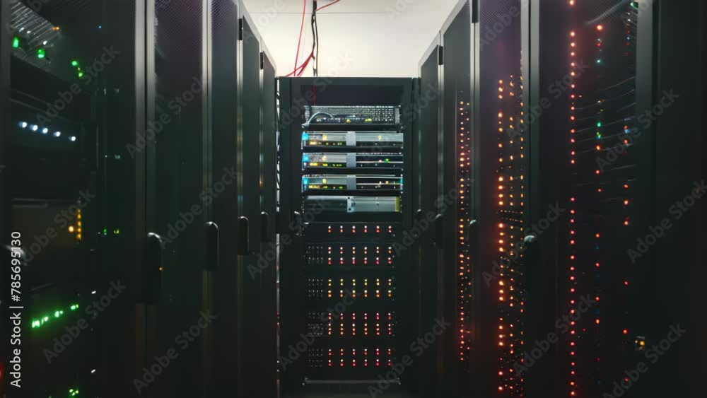 Poster multiple rows of meticulously organized servers housed in a high-density data center, computer serve