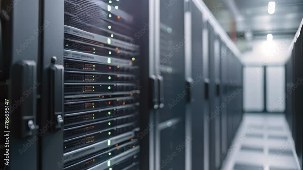 Poster a row of neatly organized high-efficiency servers with blinking lights in a state-of-the-art data ce