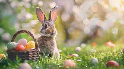 Fototapeta na wymiar Easter concept - Easter bunny sitting on the grass with easter eggs
