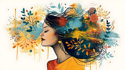 Abstract illustration of a woman's profile with nature elements, ideal for mental health awareness campaigns and designs.