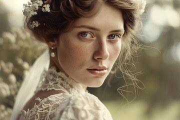 Vintage-style wedding portrait of a young bride, her delicate features adorned with timeless beauty and grace 02